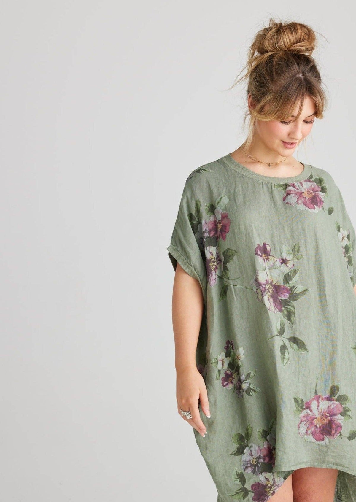 Rosabella linen dress. Olive Floral