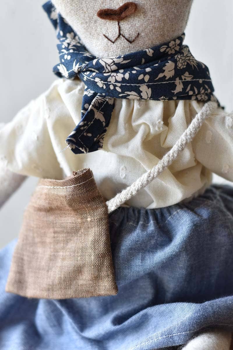 Ruthie the Rabbit – Handmade Wool Doll in Chambray Skirt 