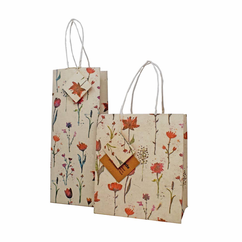 Handmade Lokta Paper Gift Bag Red flowers on Beige 2 Sizes