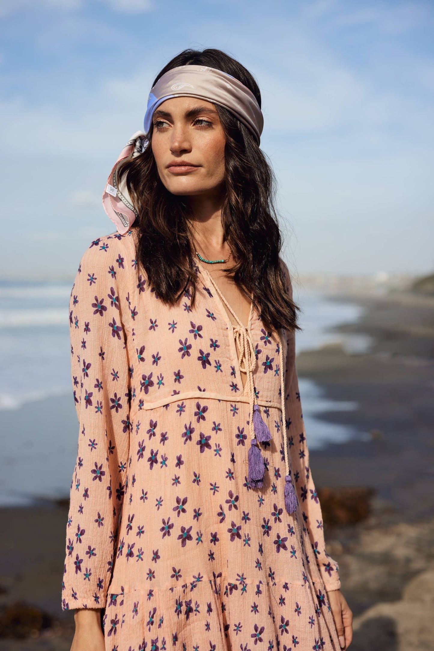 Marisa Printed Midi Dress Long Sleeves With Tassels Coral