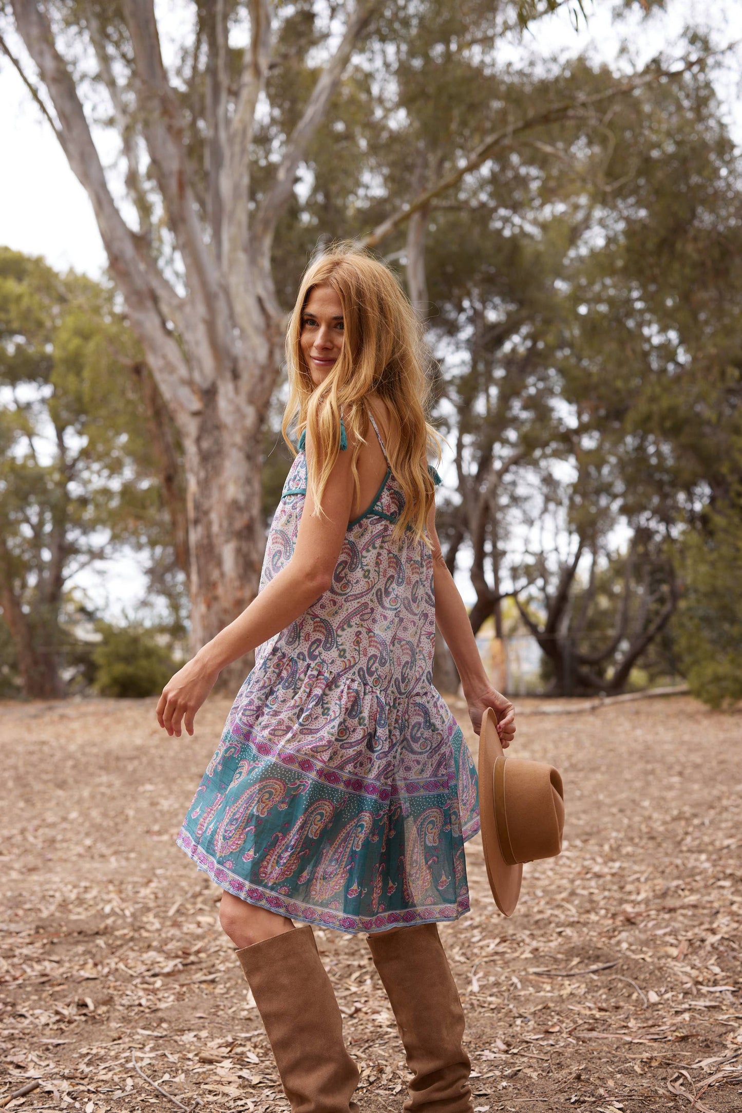 Betsy Printed Short Tank Dress With Tassels Teal