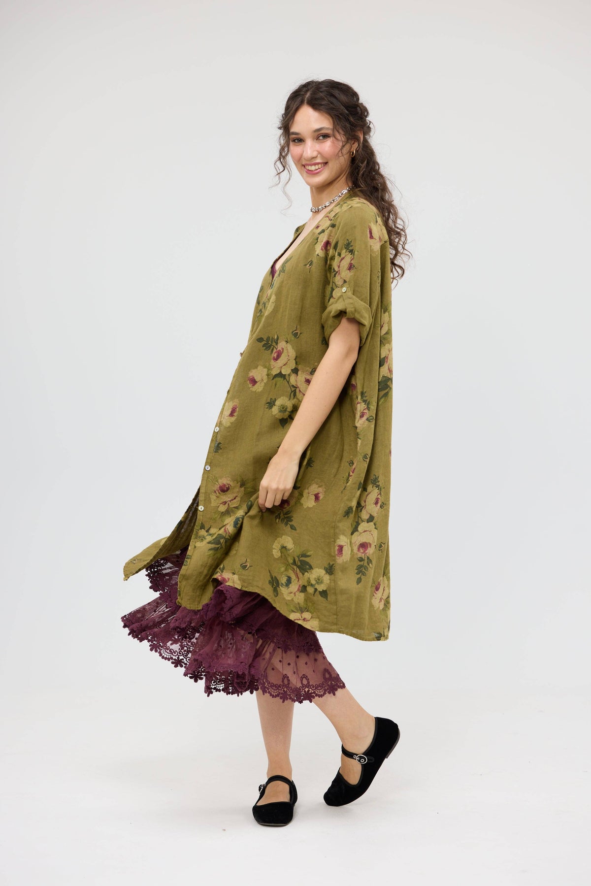 Abigail Linen Floral dress . Avocado green
