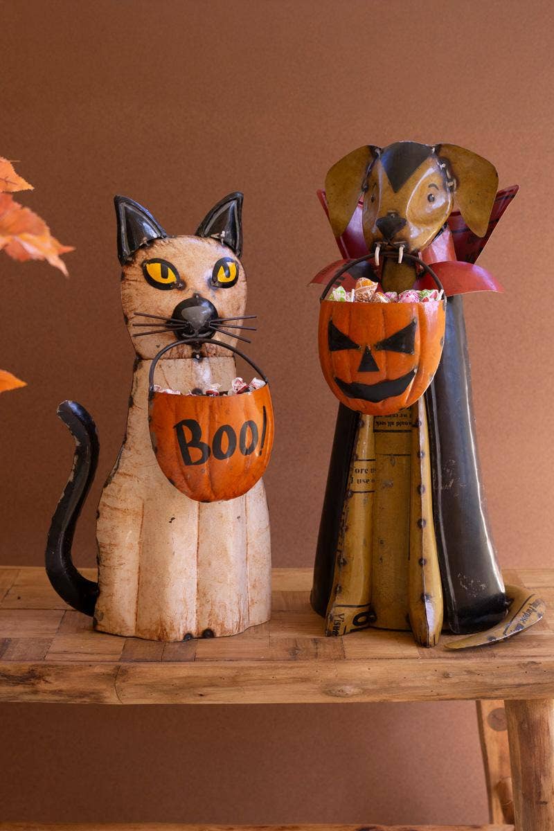 SET OF TWO RECYCLED METAL HALLOWEEN CAT AND  DOG