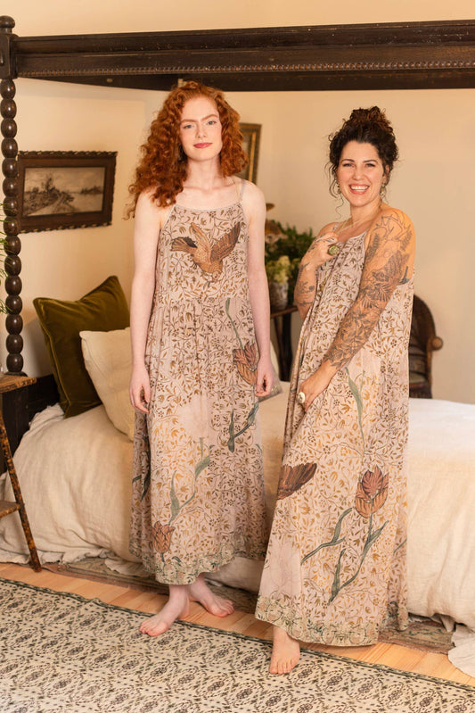 Folklore Bohéme Long Maxi Slip Dress w/ Bird of Peace Art