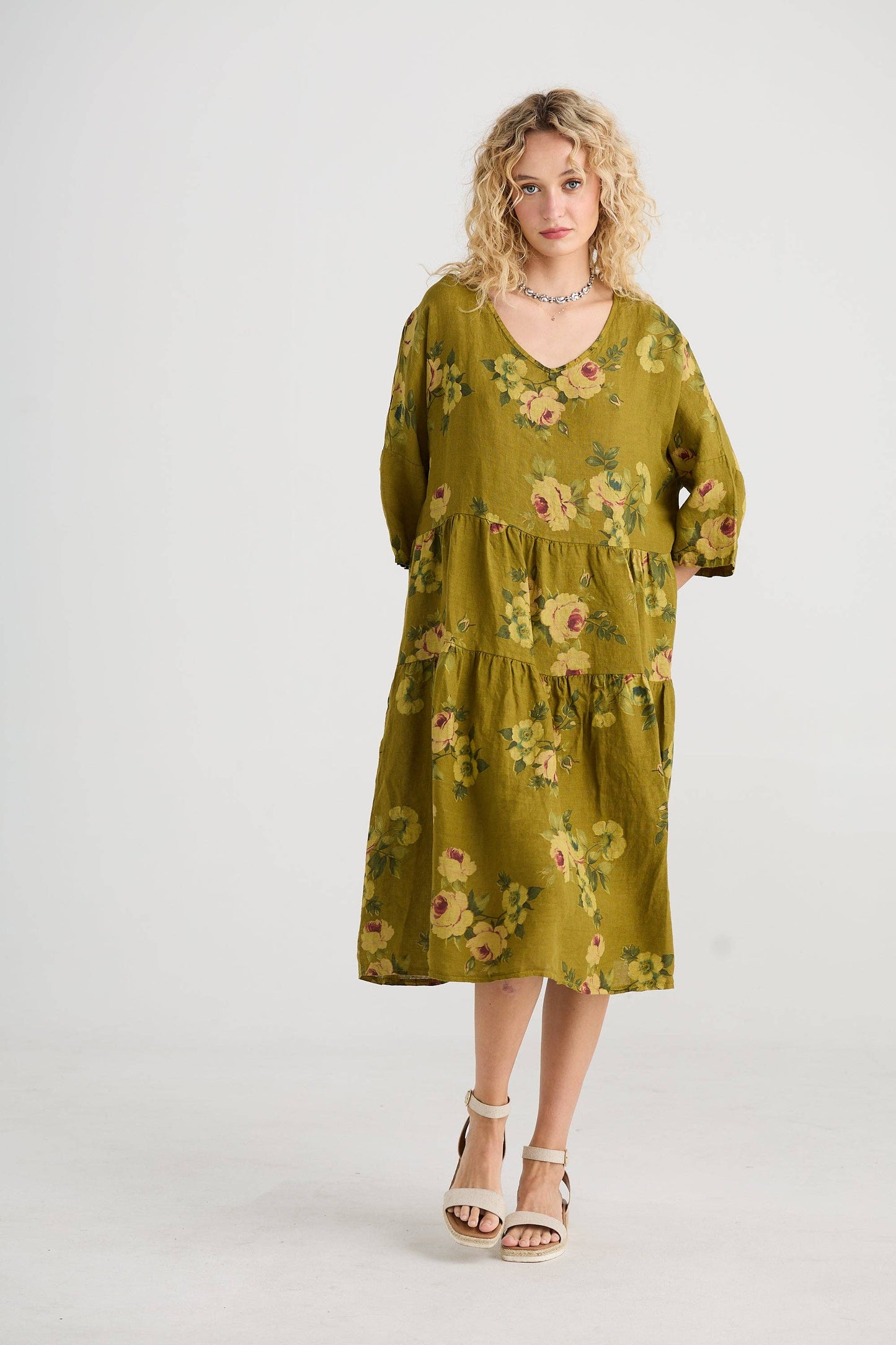 Stella floral dress. Avocado Green Rose