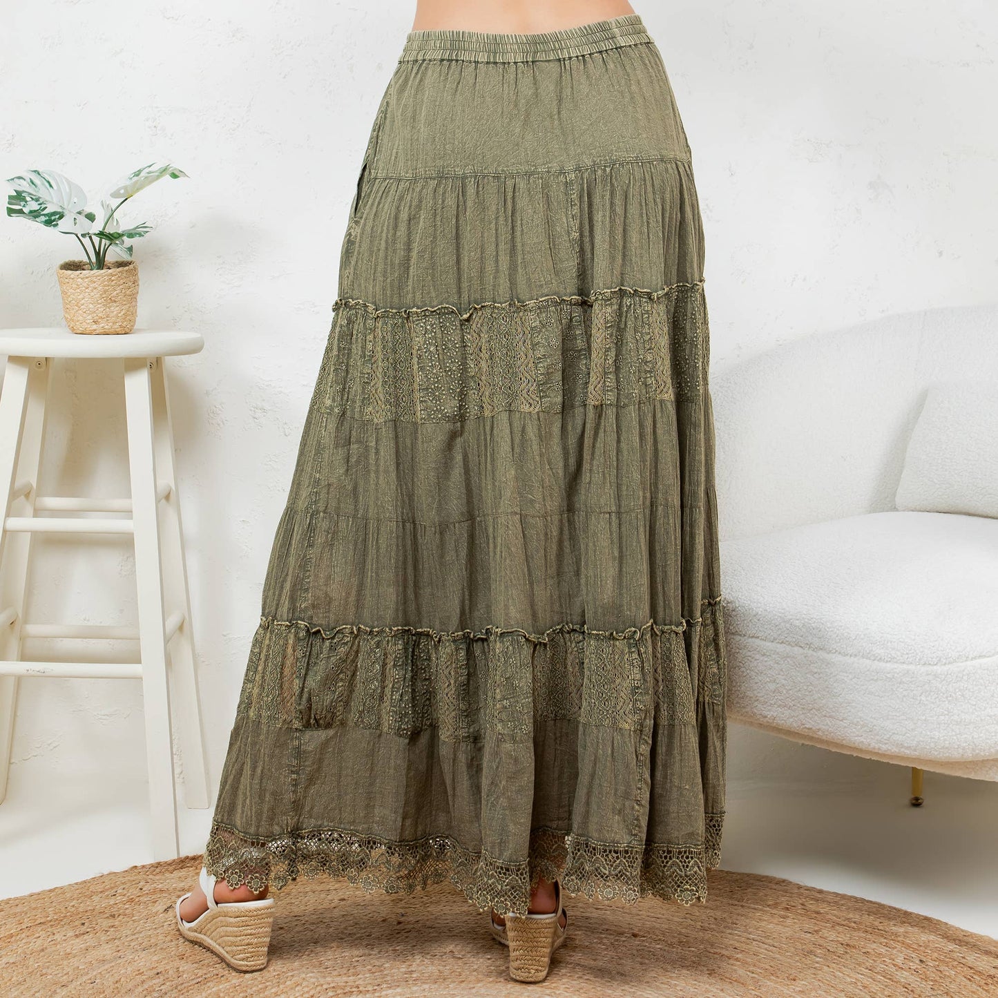7 Tiered Crinkle Lace Patchwork Skirt with Pocket