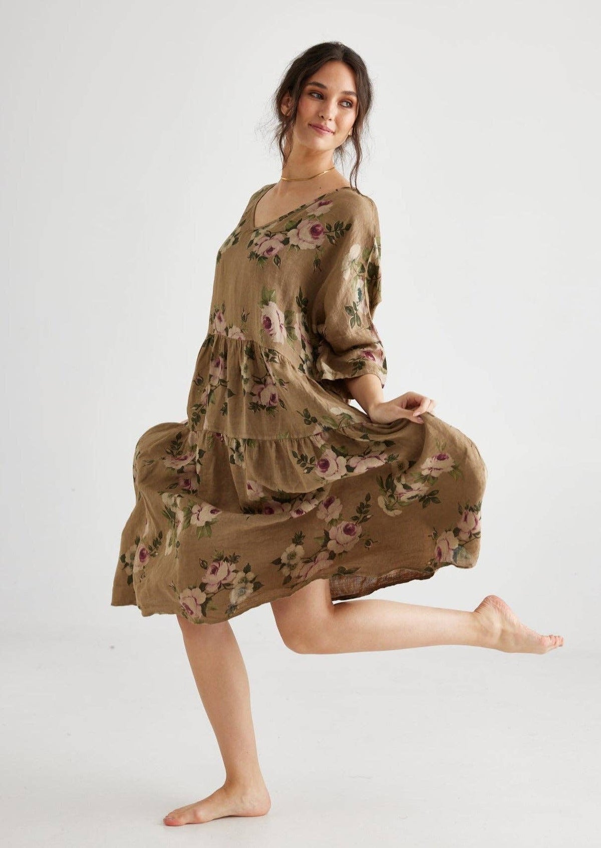 Stella Floral Linen dress. Olive Branch Rose