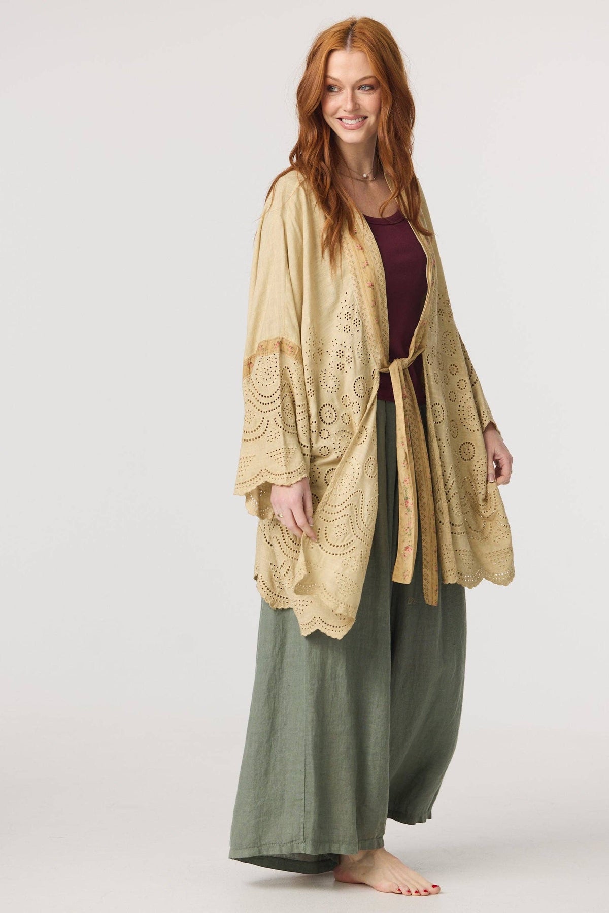 Columbine Linen + Cotton lace Kimono. Colour Stone with floral Petite de Fleurs fabric edging.