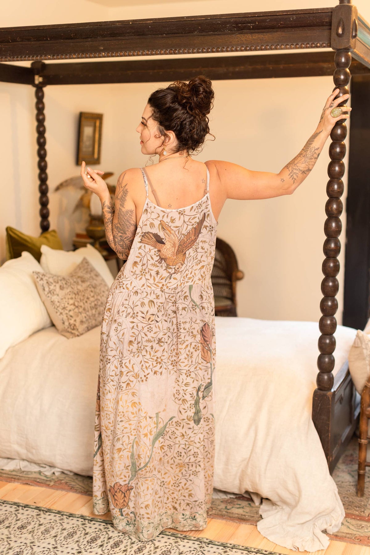 Folklore Bohéme Long Maxi Slip Dress w/ Bird of Peace Art