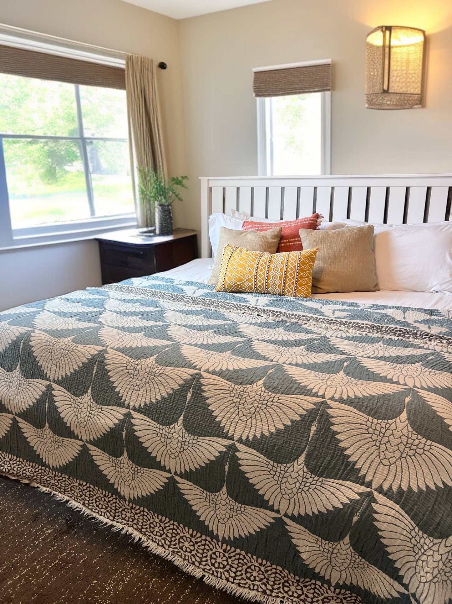 Crane Muslin Bed Blanket/Queen-King/ Adult Size Muslin Teal