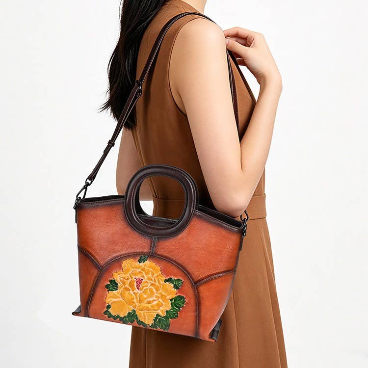 Hand-Painted Embossed Peony Genuine Leather Satchel