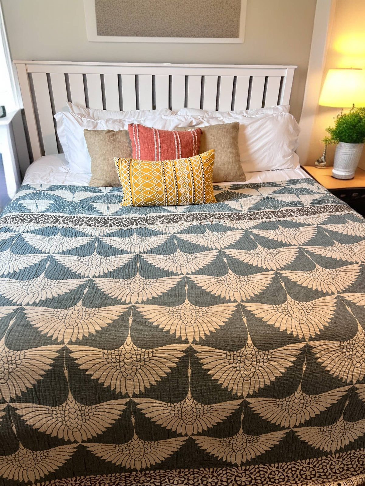 Crane Muslin Bed Blanket/Queen-King/ Adult Size Muslin Teal