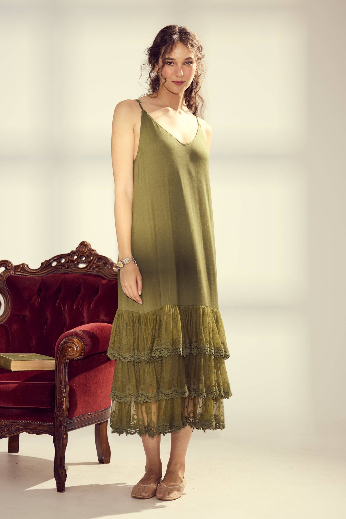 Evangeline slip dress. Moss