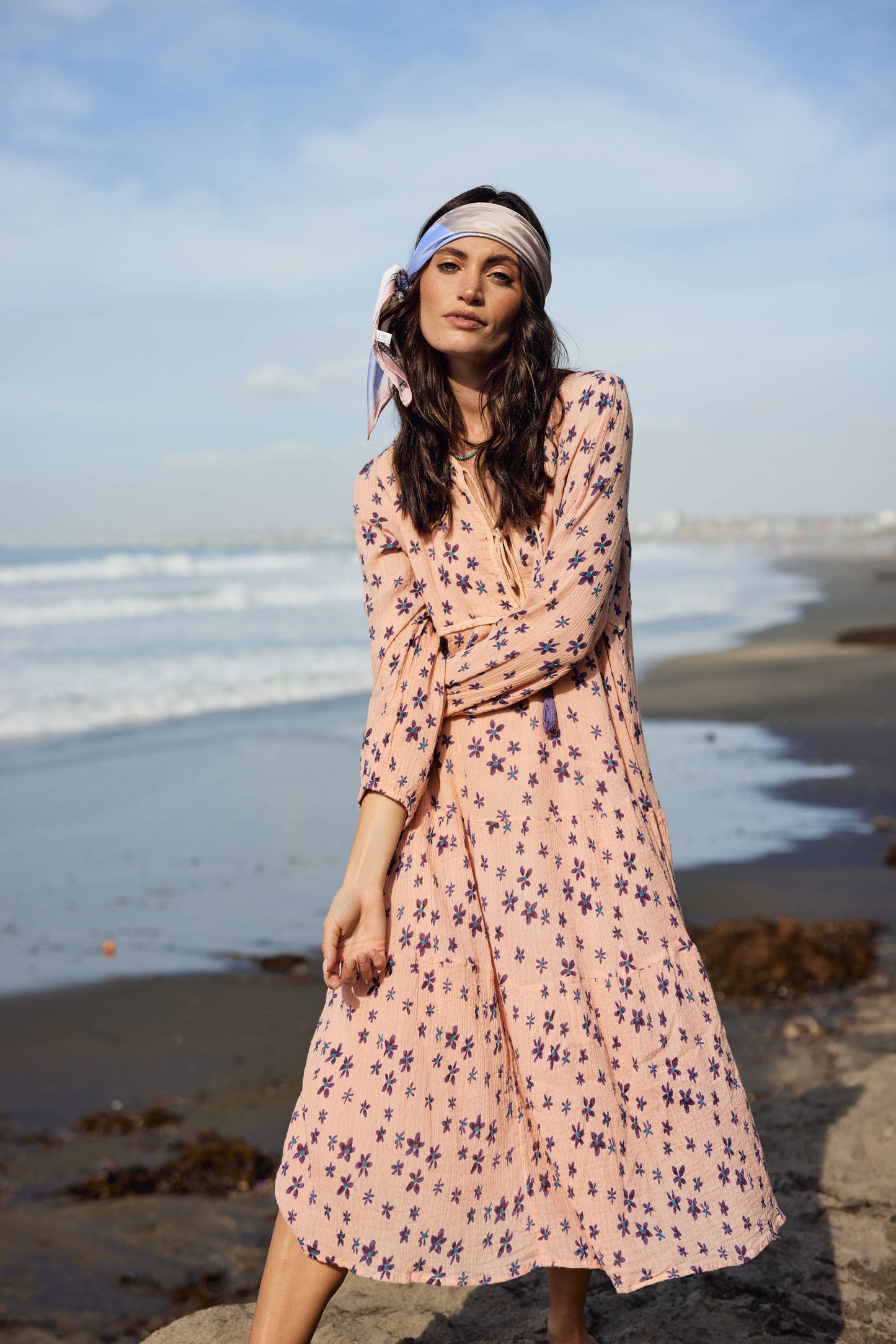 Marisa Printed Midi Dress Long Sleeves With Tassels Coral