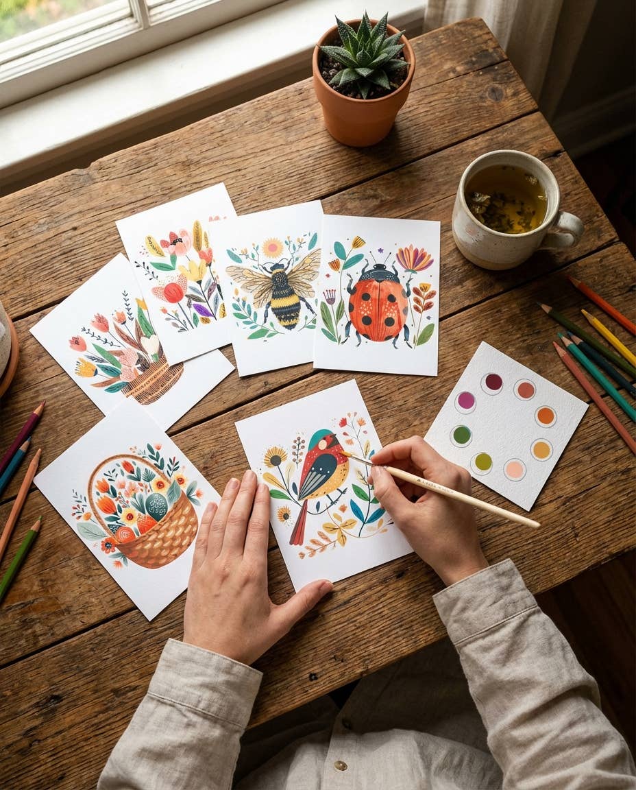 All in One Watercolor Prints/ Postcards : Spring Folk Art