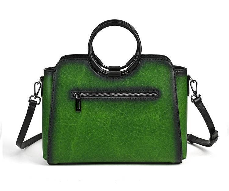 Embossed Leather Top Handle Satchel Bag with Round Handle