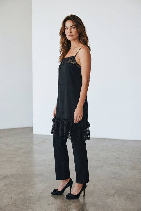 Minette cotton and lace short slip dress. Black.