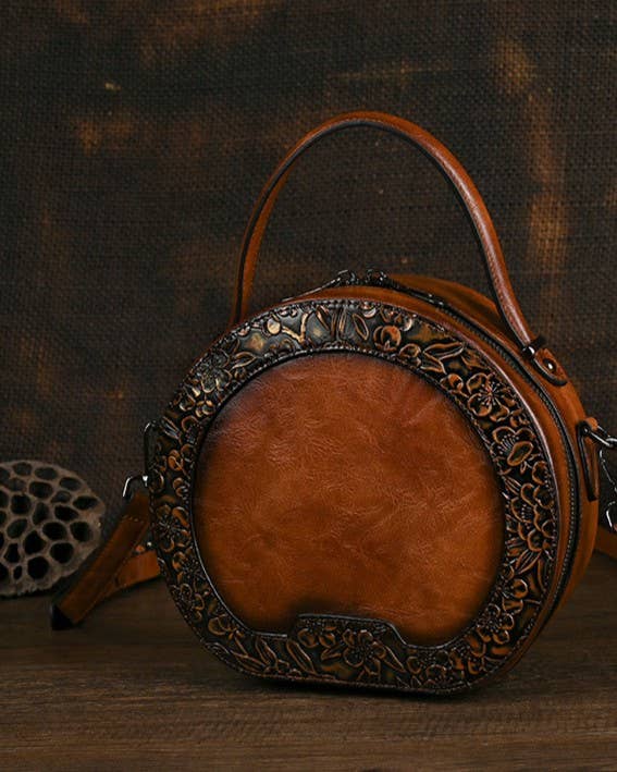 Vintage Embossed Round Crossbody Bag