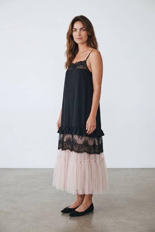 Minette cotton and lace short slip dress. Black.