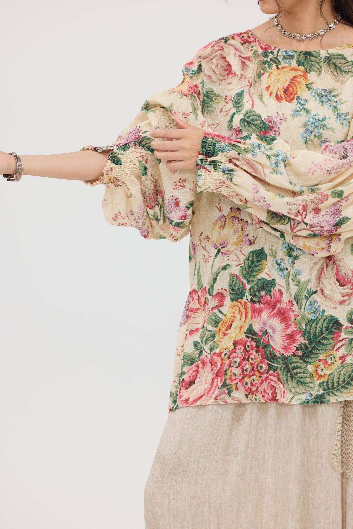 Florist. Linen and Cotton Botanical bouquet top in a fluid Romantic vintage inspired style.