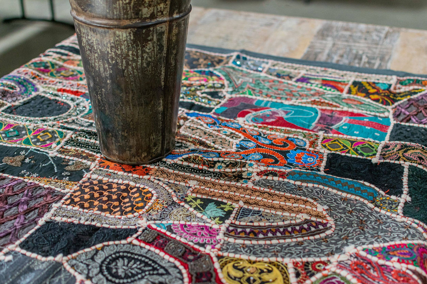 One of A Kind Vintage Textile Table Runner/Cover-Black Trim
