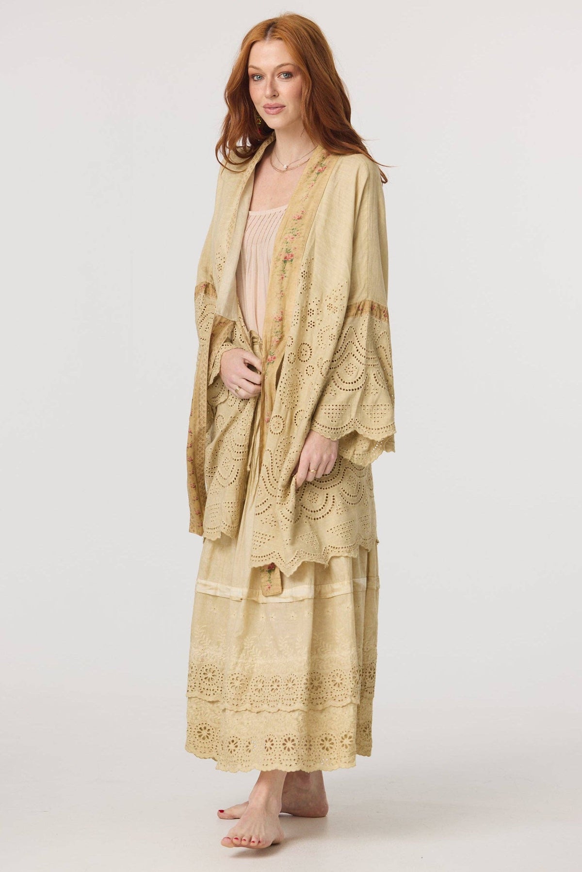 Columbine Linen + Cotton lace Kimono. Colour Stone with floral Petite de Fleurs fabric edging.