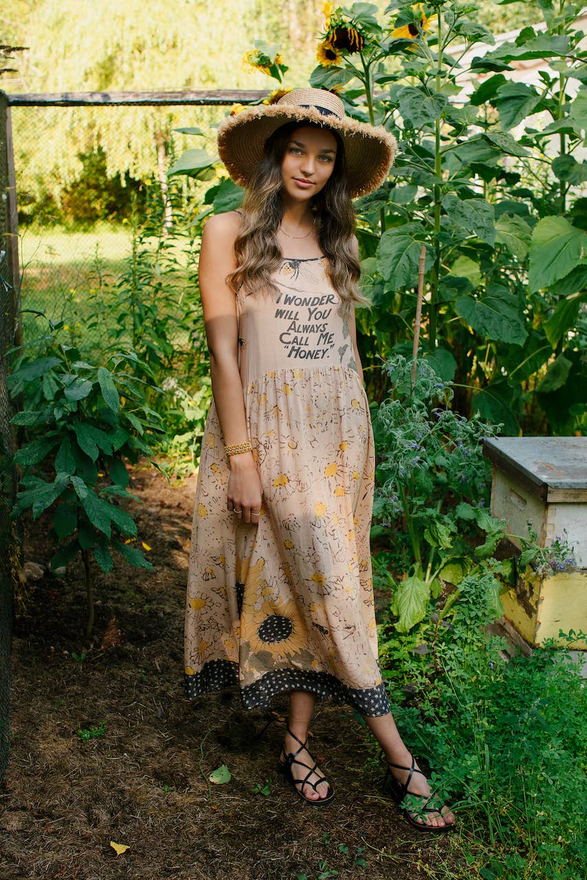 Milk & Honey Bohéme Long Maxi Slip Dress w/ Bee, Sunflower