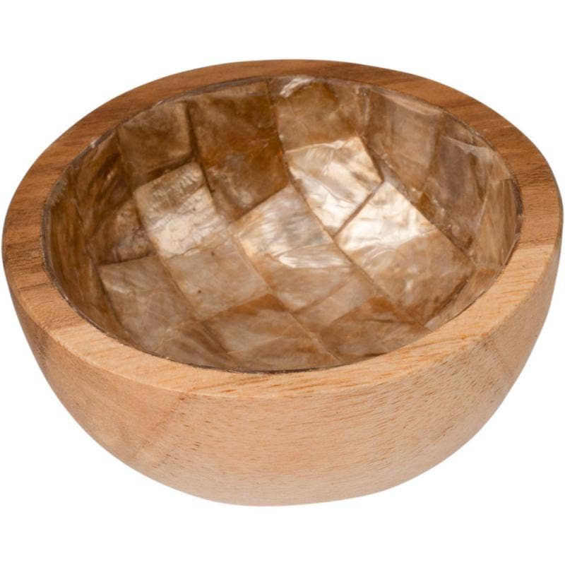 ROUND TEAK BOWL WITH GOLD SHELL