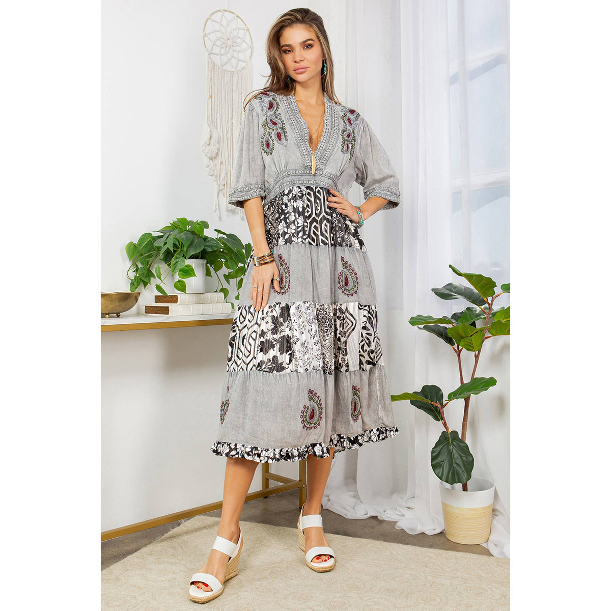 Elegance With Multicolor Aari Embroidered V- Neck Line Dress