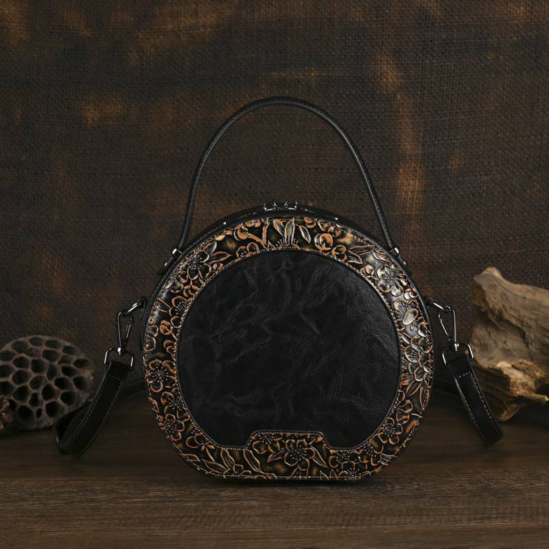 Vintage Embossed Round Crossbody Bag