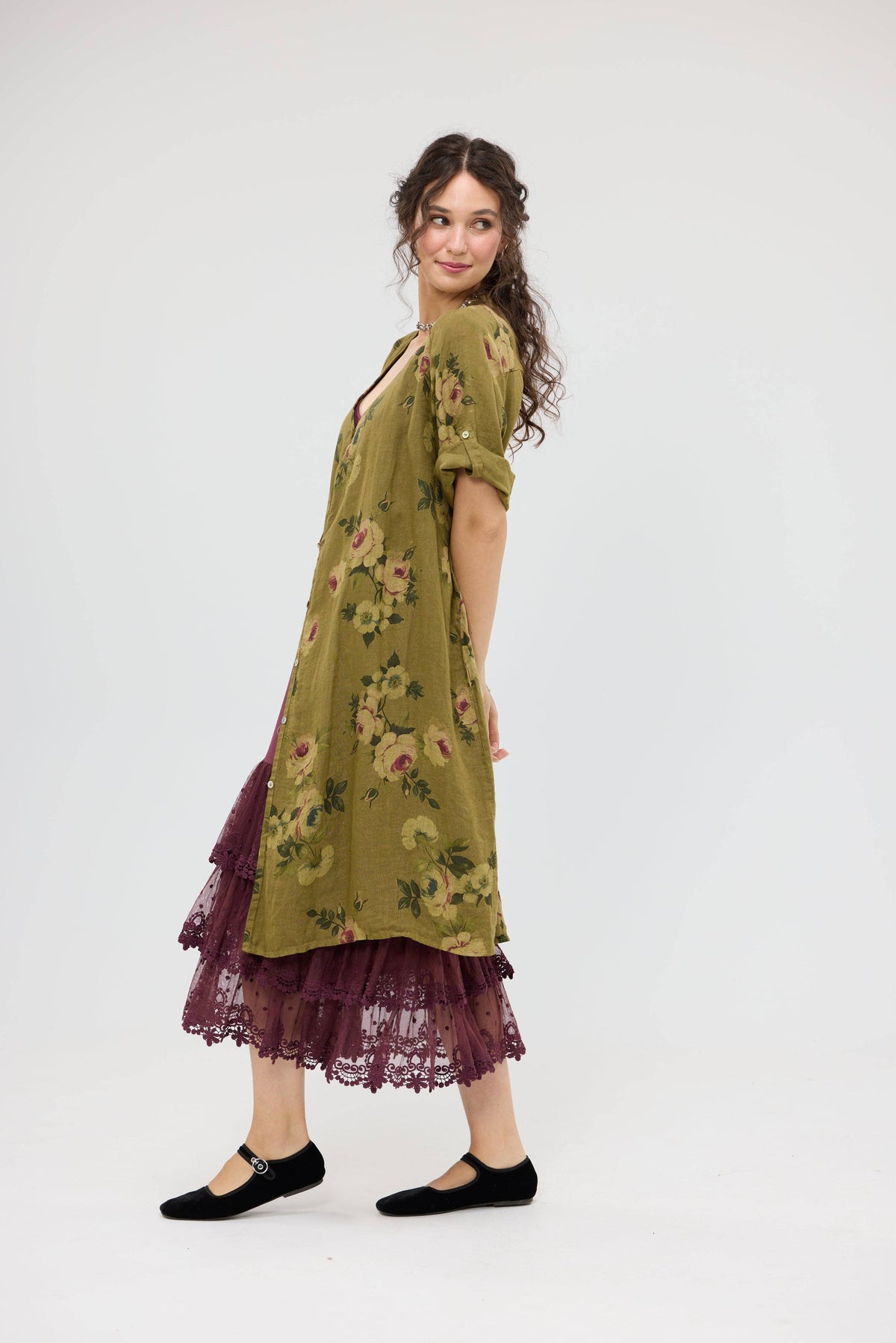 Abigail Linen Floral dress . Avocado green