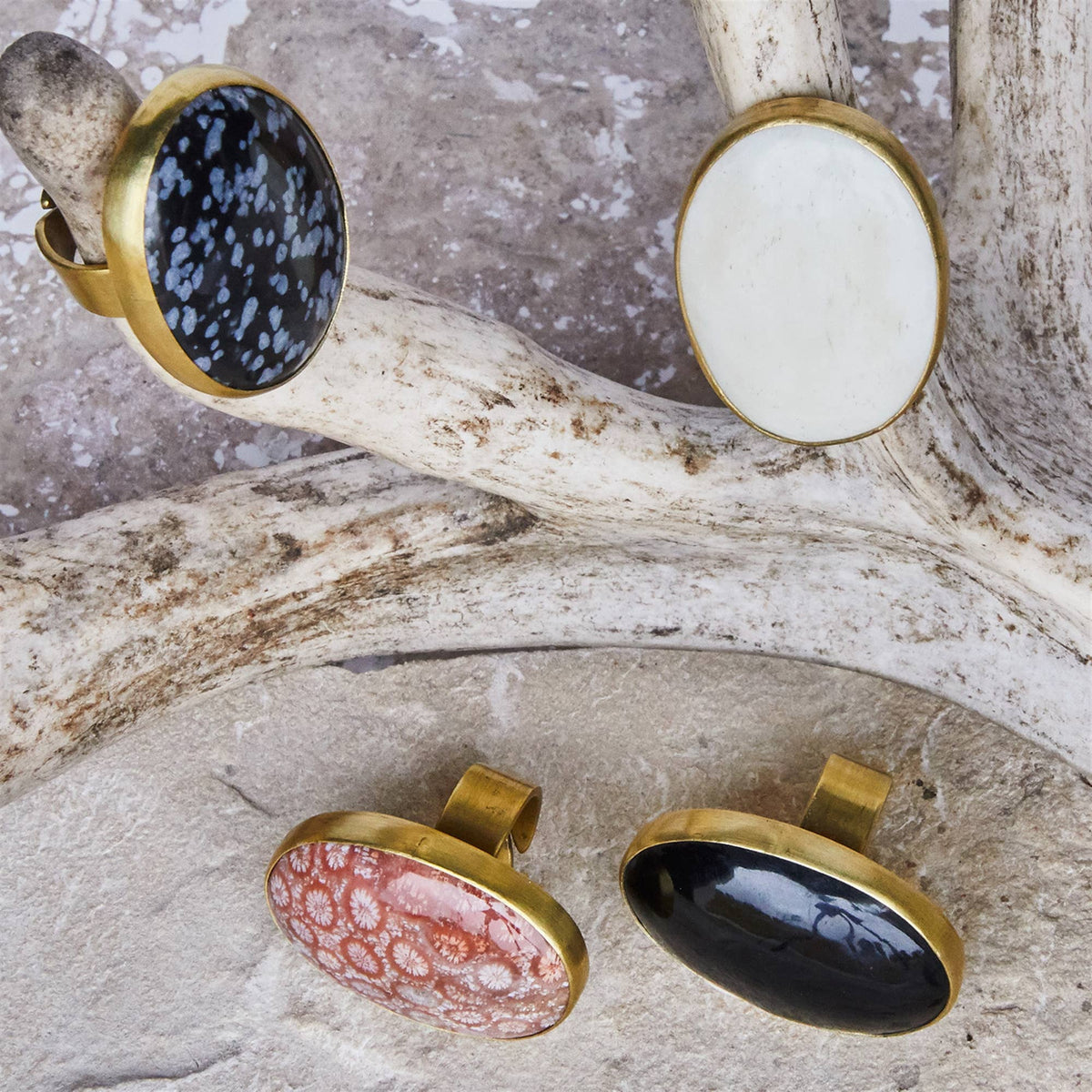 Bezel Set Ring, Brass - Fossilized Coral