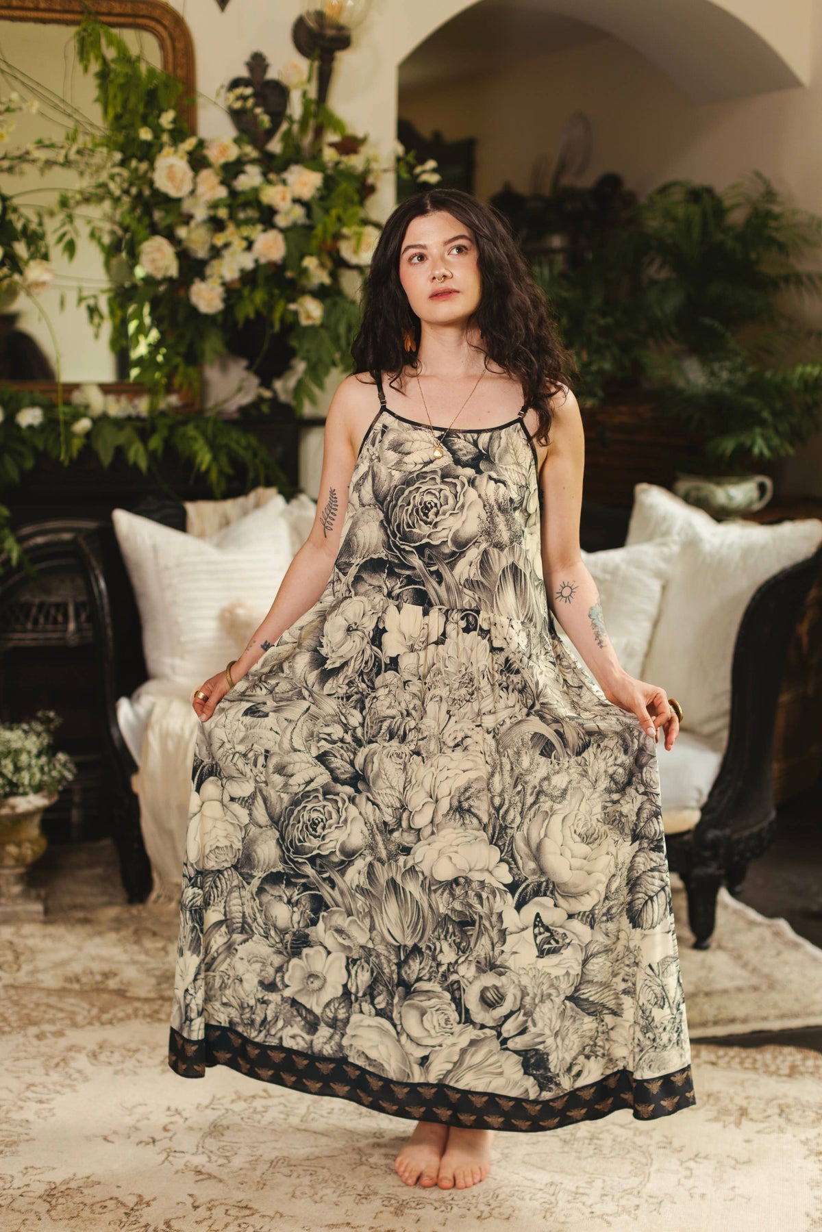 Honey & The Moon Bohéme Maxi Slip Dress w/ Florals & Bees