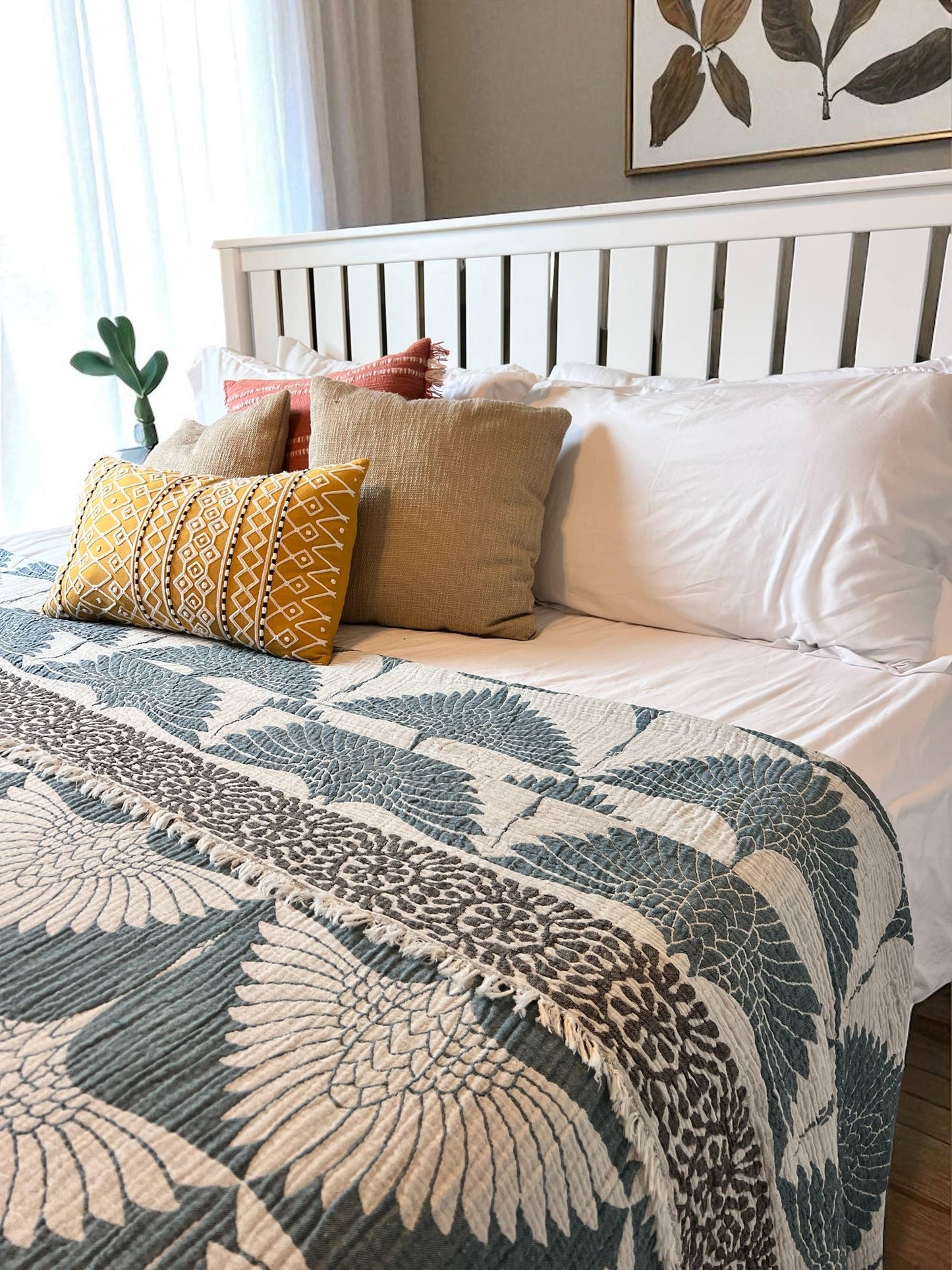 Crane Muslin Bed Blanket/Queen-King/ Adult Size Muslin Teal