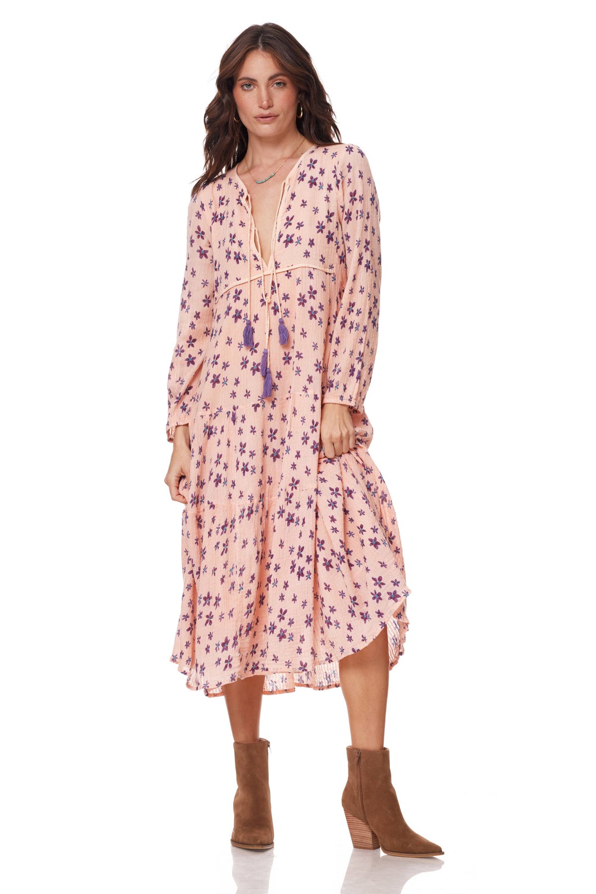 Marisa Printed Midi Dress Long Sleeves With Tassels Coral