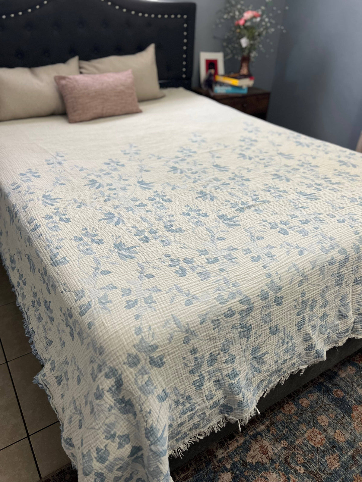 Bougainvillea  Blanket – Pale Sky Blue  |Queen