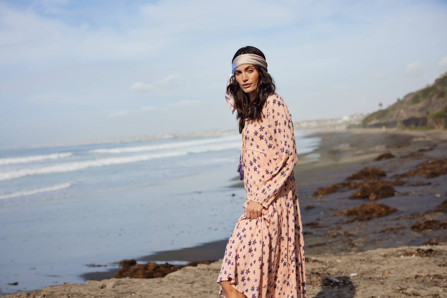 Marisa Printed Midi Dress Long Sleeves With Tassels Coral