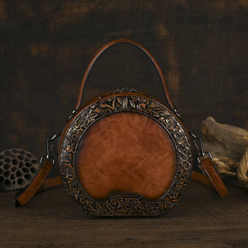 Vintage Embossed Round Crossbody Bag