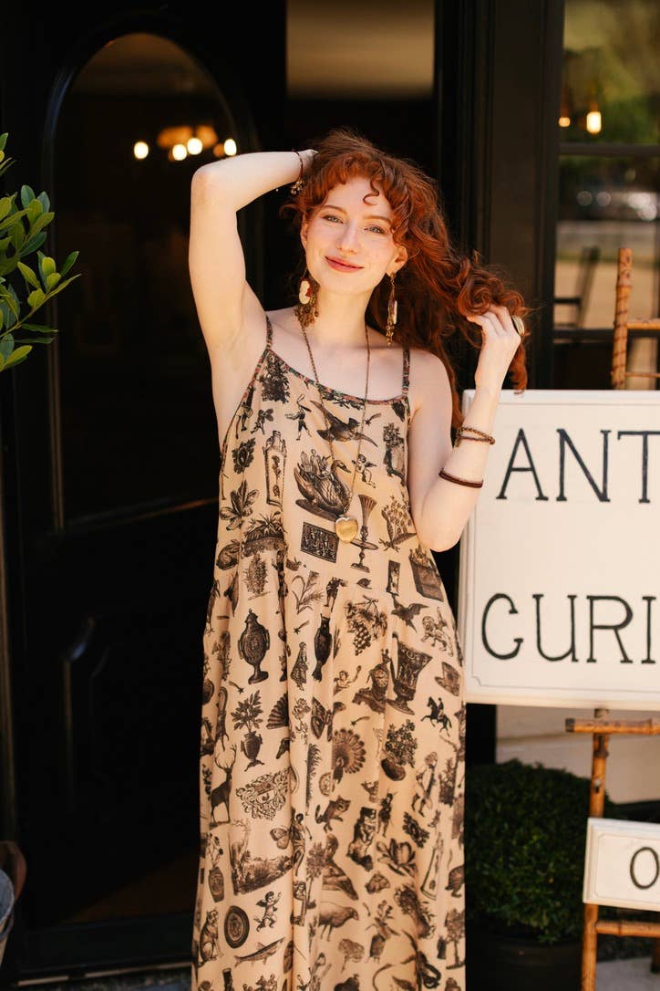 Curiosities Bohéme Maxi Slip Dress w/ whimiscal print