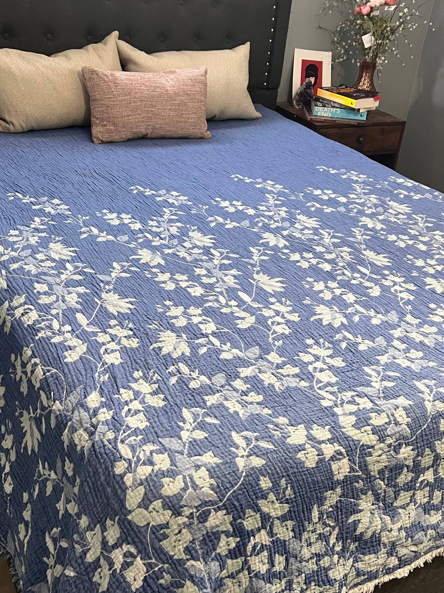 Bougainvillea Muslin Bed Blanket – Blue| Queen
