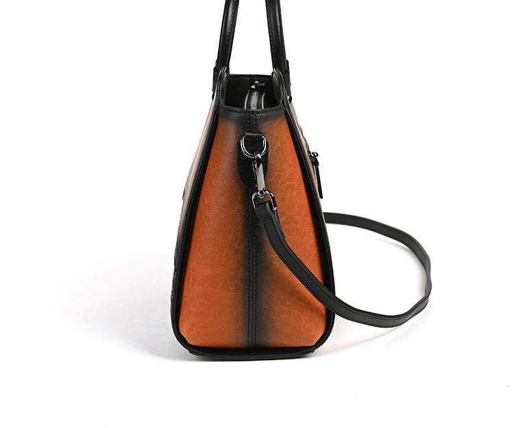 Embossed Leather Top Handle Satchel Bag with Round Handle