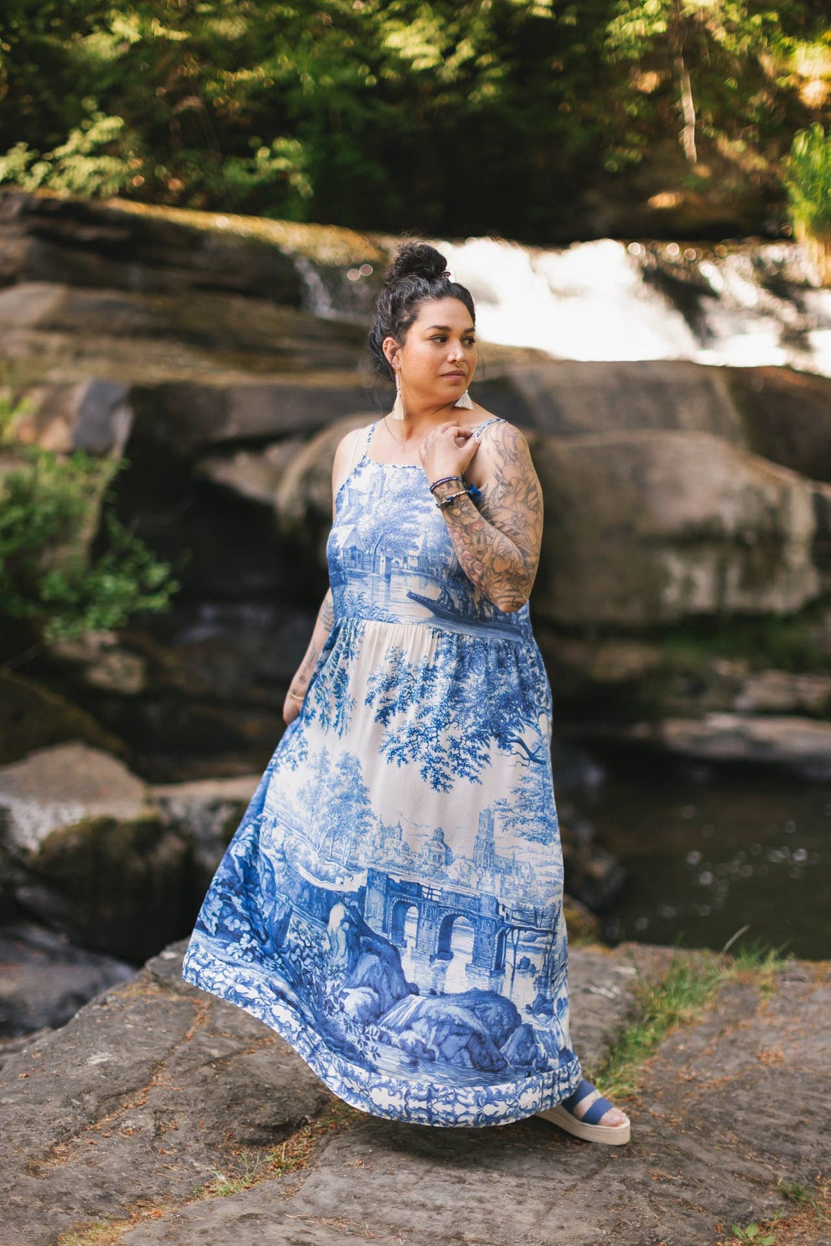 Let The Light In Bohéme Long Maxi Slip Dress w Delft Print