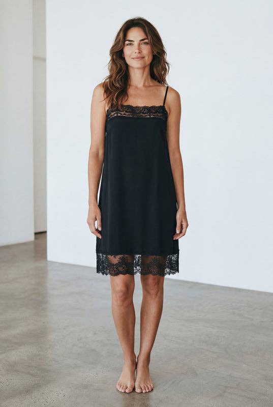 Minette cotton and lace short slip dress. Black.