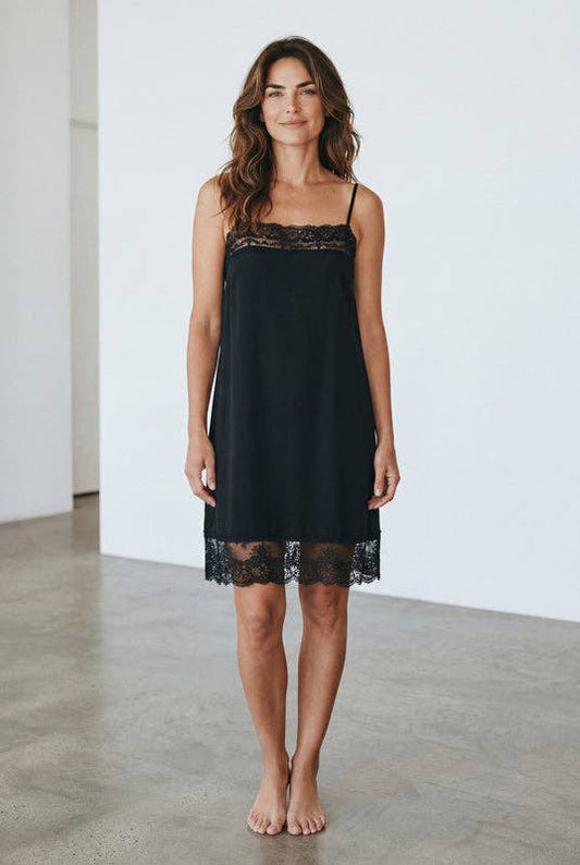 Minette cotton and lace short slip dress. Black.
