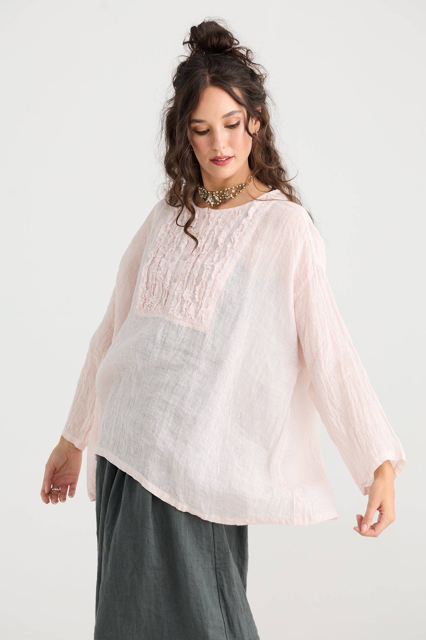 Florian Linen Gauze ruffled top. Pink Sugar