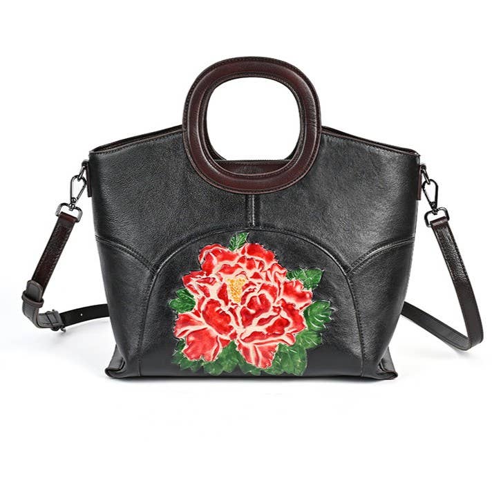 Hand-Painted Embossed Peony Genuine Leather Satchel