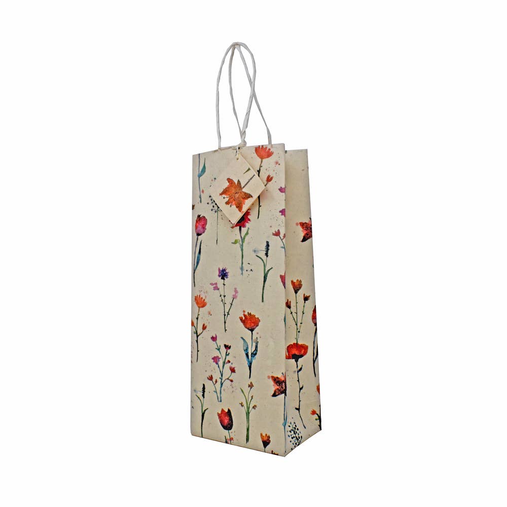 Handmade Lokta Paper Gift Bag Red flowers on Beige 2 Sizes