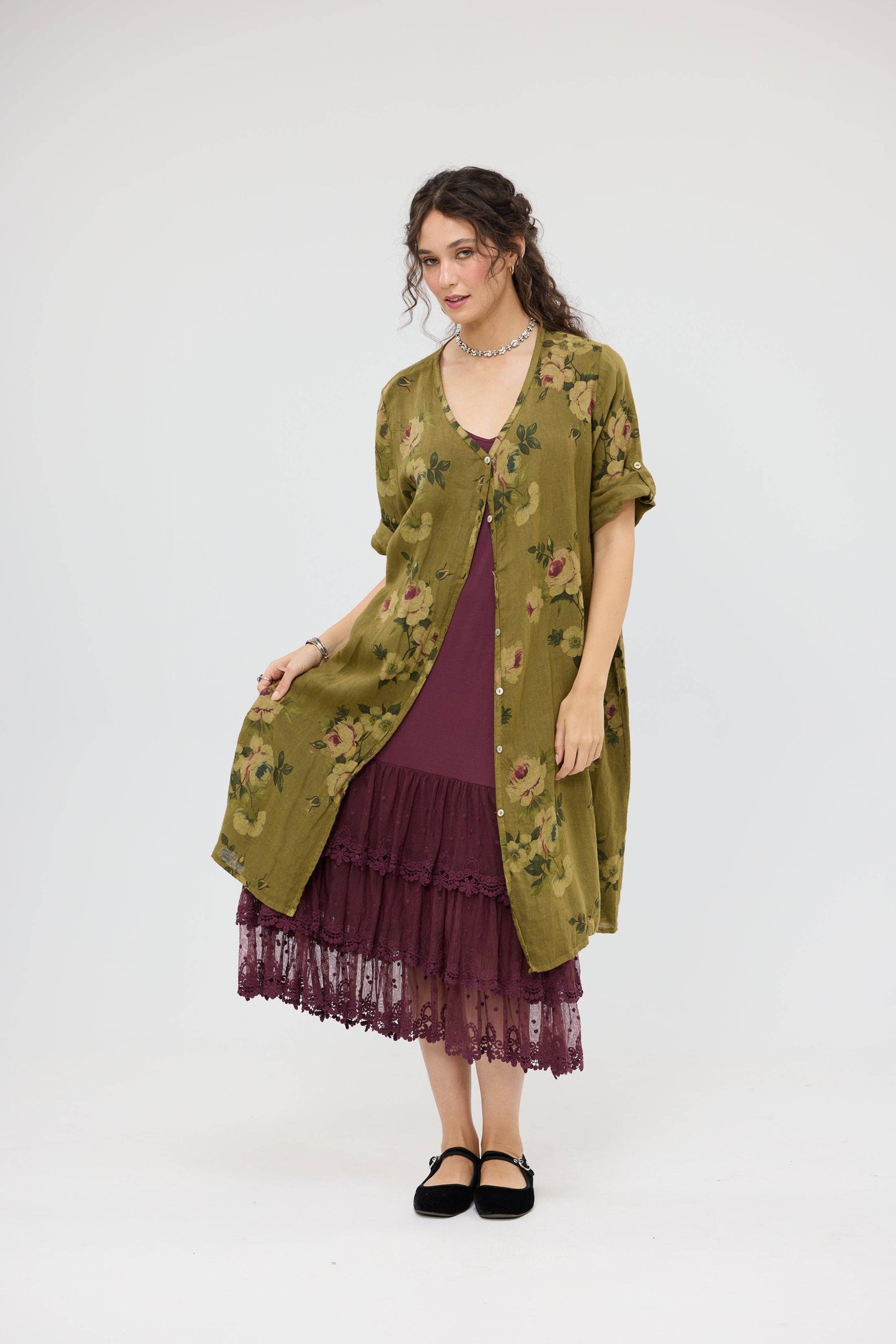 Abigail Linen Floral dress . Avocado green
