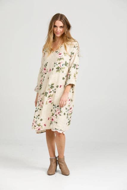Amelia floral linen dress .  cream