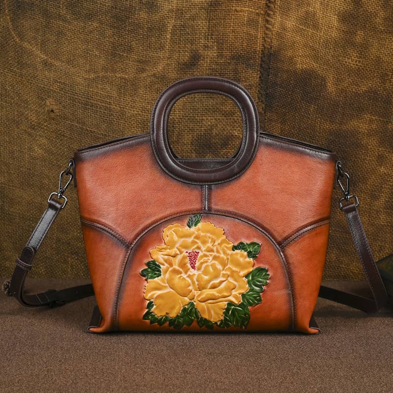 Hand-Painted Embossed Peony Genuine Leather Satchel